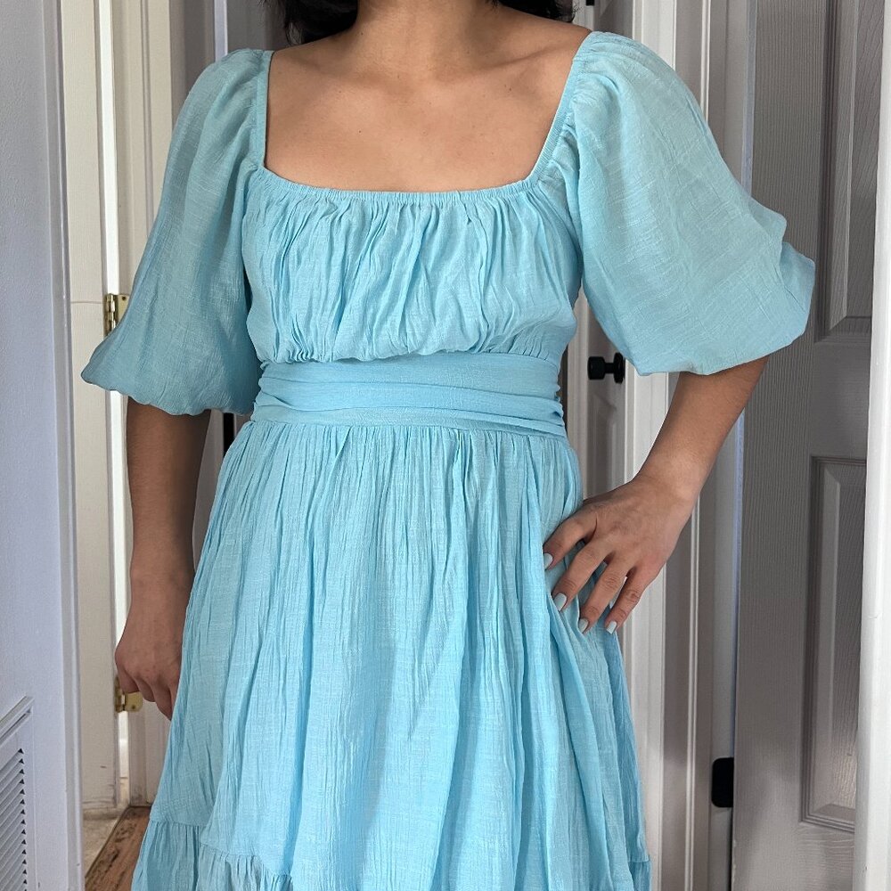 puff sleeve open back mini dress light blue princess costume summer vacation Med - Picture 10 of 15
